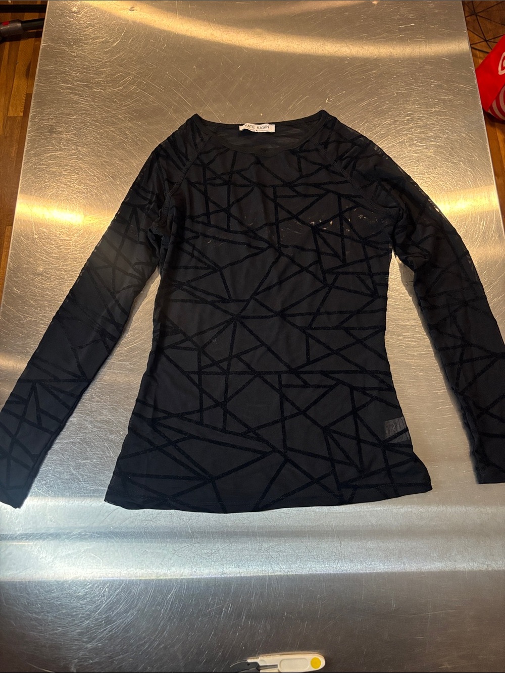 Long Sleeve Black Geometric Mesh Top